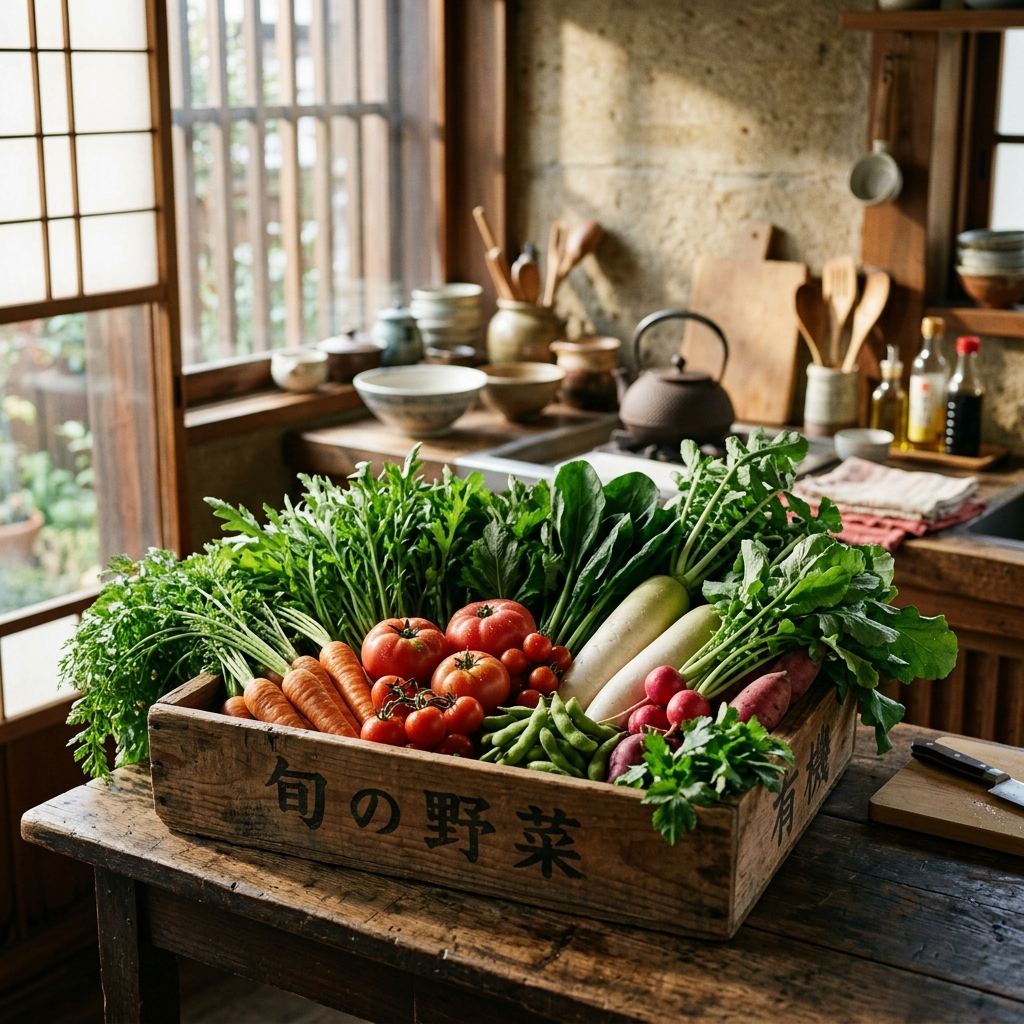 木箱に入った朝採れ野菜