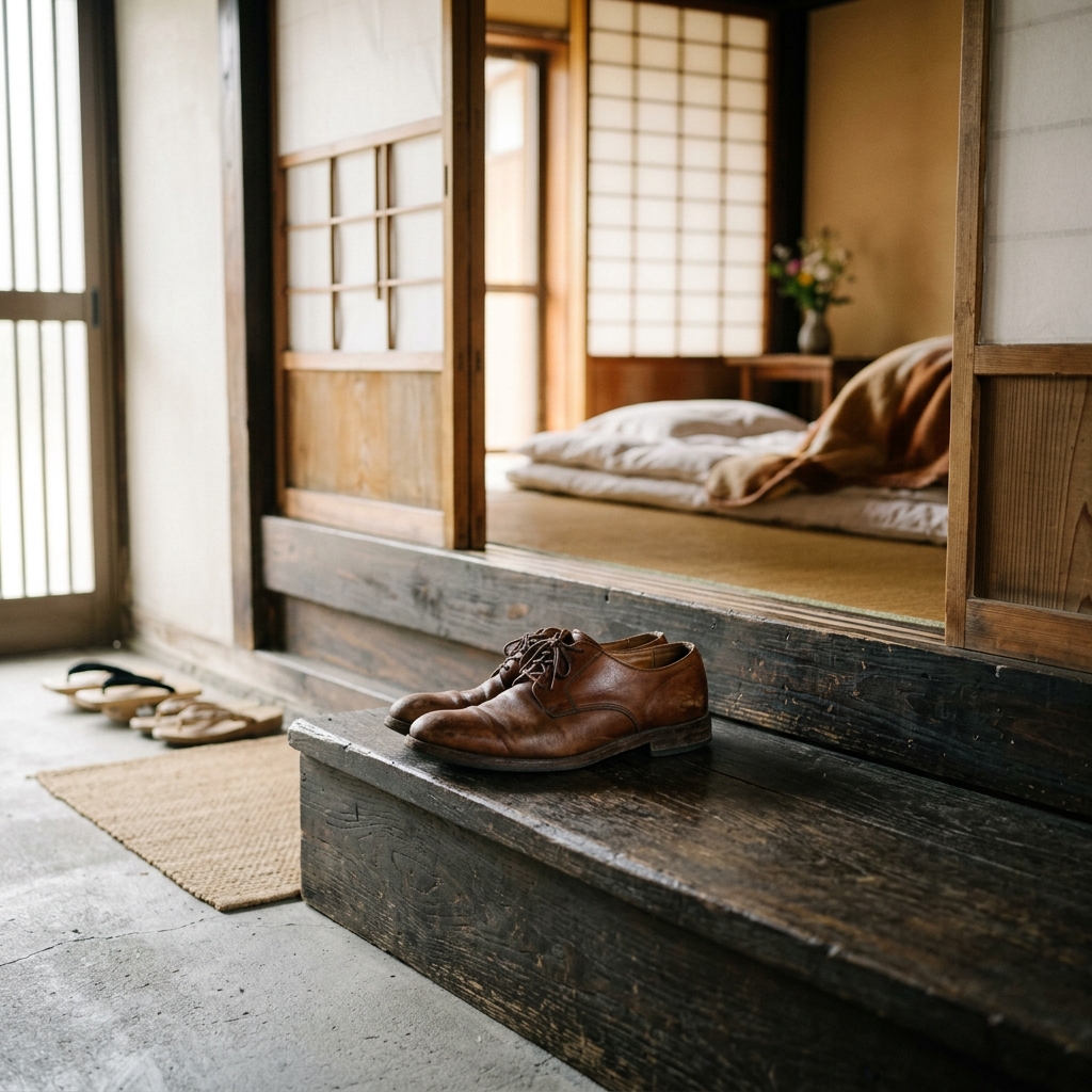 日本の伝統的な玄関口の佇まいと革靴